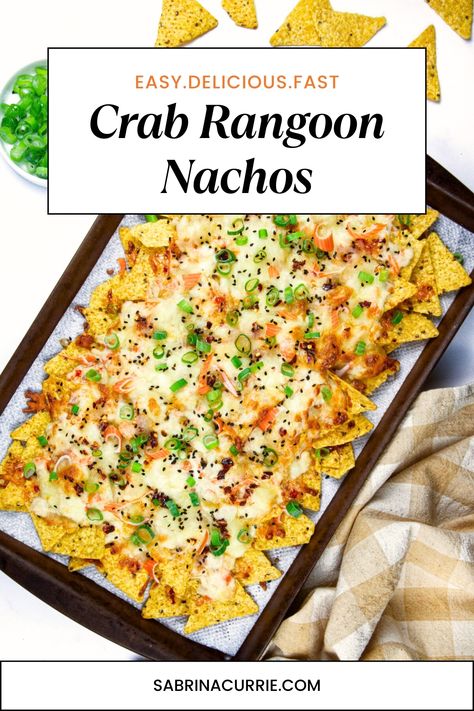 Chi Chi Seafood Nachos, Crab Rangoon Nachos Recipe, Crab Nachos Recipe, Unique Nachos, Crab Rangoon Nachos, Seafood Nachos Recipe, Girls Night Appetizers, Crab Nachos, Game Night Movie