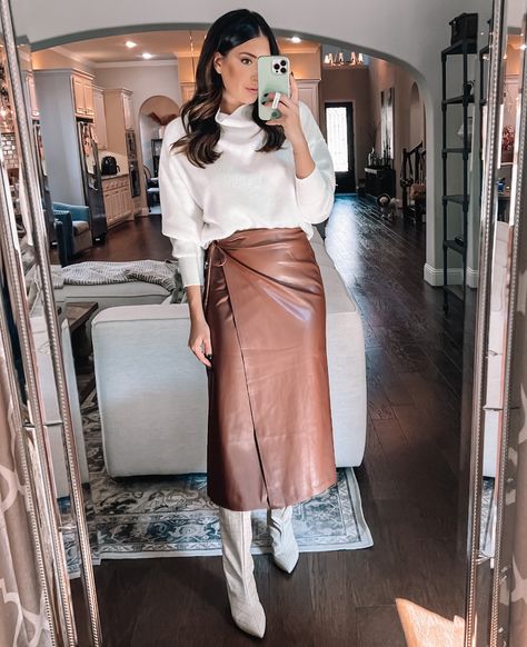 Leather Wrap Midi Skirt Outfit, Tan Leather Midi Skirt Outfit, Brown Leather Midi Skirt, Tan Leather Skirt Outfit Winter, Leather Wrap Skirt Outfits, Leather Skirt Business Outfit, Dark Brown Leather Skirt Outfit, Brown Faux Leather Skirt Outfit, Long Brown Leather Skirt Outfit