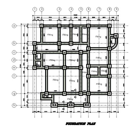 Foundation layout of 18x17m ground floor of house plan is given in this Autocad drawing file. This is G+1 house plan. Floorplan Drawing, Civil Engineering Design, House Construction Plan, House Construction, Plumbing Drawing, Construction Plan, Construction Drawings, Plan Drawing, Architectural Drawing