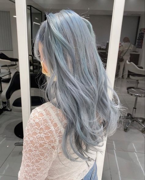 Gray And Blue Hair, Bossy Aesthetic, Ash Blue Hair, Curly Silver Hair, Midnight Blue Hair, Korean Long Hair, Hair Color Swatches, Blue Hair Aesthetic, Fall Blonde Hair Color