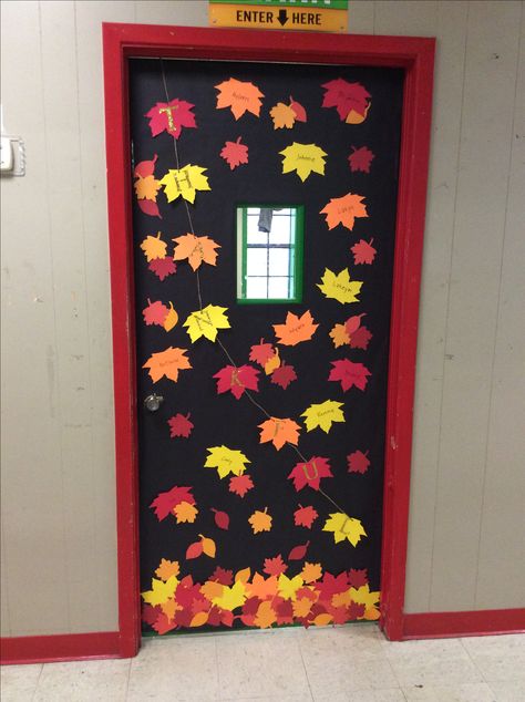 Fall door decoration Pre K Fall Door Ideas, Easy Fall Door Decorations Classroom, Leaf Door Decorations Classroom, Autumn Theme Classroom Door, November Door Decorations Classroom, Fall Leaves Door Decoration, First Grade Fall Door Decorations, Fall Leaves Classroom Door, Fall Into Learning Door Decoration