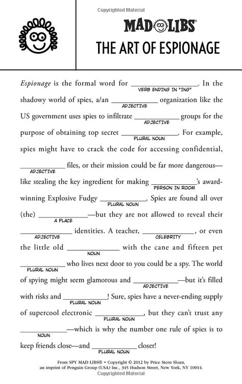 Spy Mad Libs: Roger Price, Leonard Stern: 9780843172973: Amazon.com: Books Mad Libs For Adults Hilarious Free Printable, Mad Libs For Adults Hilarious, Free Mad Libs, Mad Libs For Adults, Funny Mad Libs, Spy Party, Mad Libs, Spy Kids, Program Ideas