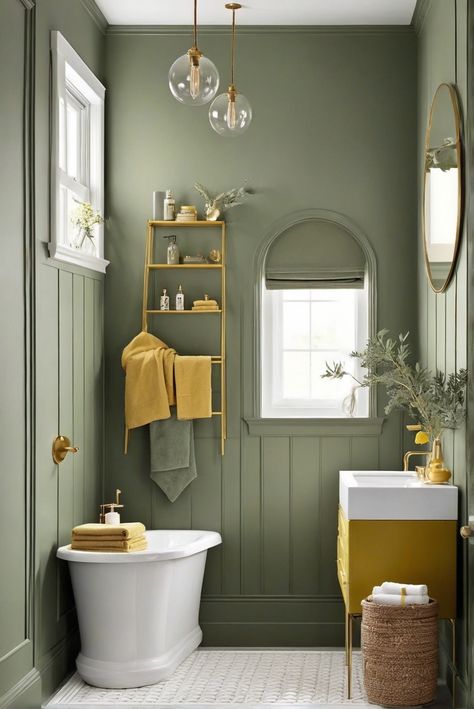 Are Sage Green and Mustard Yellow the Hot Trends? Dive into the Bathroom Escapade [2024] #Ad #homedecor #homedesign #fixhome #Painthome #interiorarchitecture Cloakroom Colour Ideas, Green And Yellow Bathroom Ideas, Mustard And Green Bathroom, Sage Green And Yellow Bathroom, Mustard Bathroom Ideas, Green Paint In Bathroom, Teal And Yellow Bathroom, Yellow Small Bathroom, Mustard Bathroom Decor