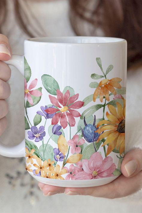 Watercolor Floral Mug, Boho Wildflowers Coffee Mug, Sunflower Watercolor Mug Clay Painting, Watercolor Mug, Sunflower Watercolor, Watercolor Sunflowers, Beautiful Mugs, Painted Coffee Mugs, Unique Mugs, Painted Clay Pots, Painted Clay