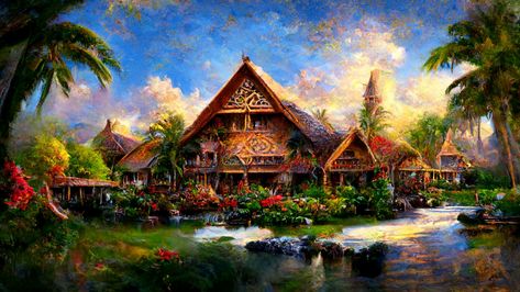 Polynesian Fantasy Art, Polynesian Character Art, Polynesian Character Design, Polynesian House, Minecraft Civilization, Polynesian Architecture, Polynesian Aesthetic, Jungle Village, Planet Coaster