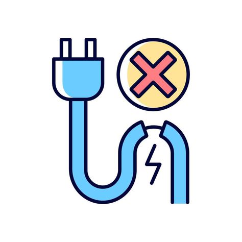 Do not use when damaged cable RGB color manual label icon. Electrical shock hazard. VR device usage restrictions. Isolated vector illustration. Simple filled line drawing for product use instructions Hazard Drawing, Shock Pictures, Electric Icon, Vr Device, Illustration Simple, Anime Family, Rgb Color, Line Drawing, Vector Art