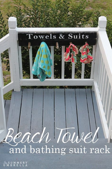 Beach Towel and Bathing Suit Rack - The Summery Umbrella Pool Towel Storage, Towel Storage Ideas, Beach Towel Storage, Diy Bathing Suit, Beach Towel Rack, Trendy Beach Towel, Towel Rack Pool, Pool Storage, Backyard Storage