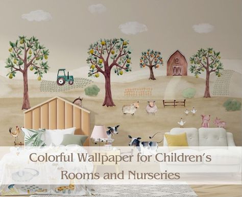 Colorful Wallpaper: Brighten Up Your Kids' Rooms & Nurseries Farm Animal Wallpaper, Wallpaper For Kids Room, Farmhouse Wallpaper, Wall Art For Nursery, Stick Wall Art, The Barnyard, Farm Scene, Kids Room Wallpaper, Top Background