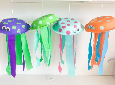 20 FUN Ocean Crafts for Kids (2024) - ABCDee Learning Paper Bowl Jellyfish, Jellyfish Crafts, Paper Plate Jellyfish, Octopus Crafts, Under The Sea Crafts, Blow Paint, Jellyfish Craft, Crafts For Preschoolers, Ocean Activities