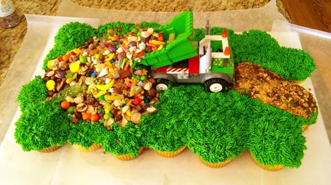 Garbage Truck Cupcake Cake Garbage Truck Cupcake Cake, Recycling Truck Cake, Garbage Truck Cupcakes, Trash Truck Cupcakes, Truck Cupcake Cake, Garbage Truck Birthday Cake, Cake 3rd Birthday, Garbage Truck Cake, Boy Scout Cake