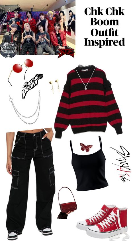 Chk Chk Boom Outfit inspired by: Stray Kids Plaid Day Spirit Week, Kpop Fan Outfit Ideas, Skz Ate Outfit Idea, Stray Kids Outfits Concert Ate, Stray Kids Dominate Tour Outfit Ideas, Stray Kids Ate Concert Outfit, Outfits For Stray Kids Concert, Chk Chk Boom Outfit, Felix Chk Chk Boom Outfit