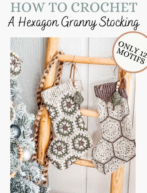 Crochet a Granny Hexagon Stocking Crochet Stocking Pattern Free, Granny Square Stocking, Granny Stockings, Stocking Crochet Pattern, Stocking Crochet, Granny Hexagon, Crochet Stocking, Crochet Christmas Stocking, Stocking Pattern