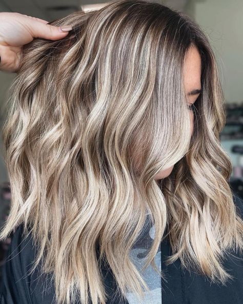 Sandy Blonde Balayage with Streaks Fun Blonde Hair Ideas, Fun Blonde Hair, Dirty Blonde Hair Ideas, Dark Blonde Balayage, Natural Dark Blonde, Sandy Blonde Hair, Blonde Highlights On Dark Hair, Blonde Hair Ideas, Dark Blonde Hair Color