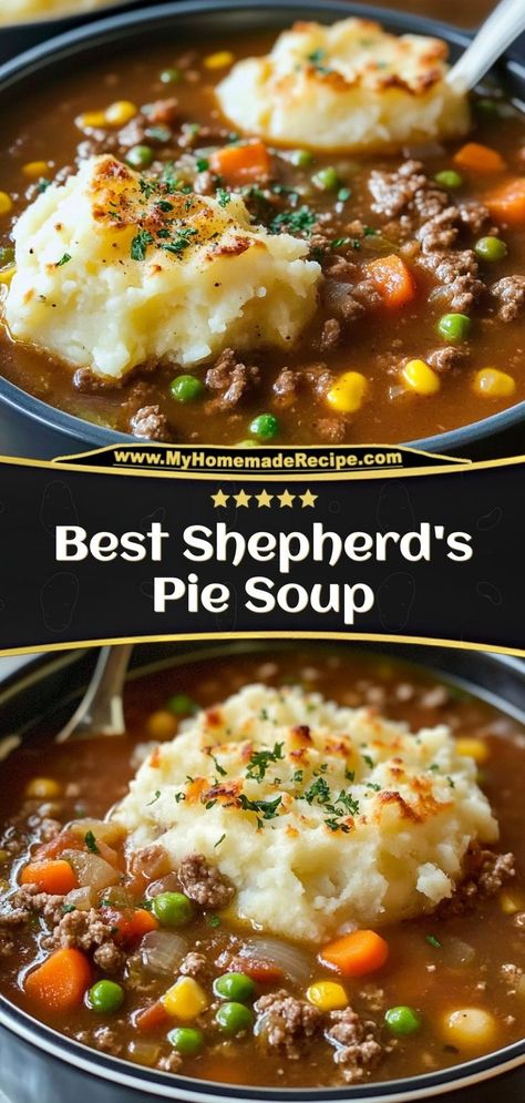 This shepherd's pie soup is hearty, comforting, and loaded with ground beef, veggies, and potatoes. All the flavors of shepherd's pie in a cozy soup! Ingredients: 1 lb ground beef 4 cups beef broth 1 cup diced potatoes 1 cup mixed vegetables (carrots, peas, corn) Enjoy this soup topped with a sprinkle of cheese or fresh parsley Carbquik Recipes, Hearty Chicken Soup, Classic Chicken Noodle Soup, Potato Puffs, Remembering Dad, Cozy Soup, Soups And Sandwiches, Soup Ingredients, Creamy Potato Soup