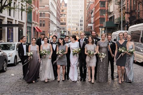 Glam Silver Mismatched Bridesmaid Dresses Dark Silver Bridesmaid Dresses, Dark Bridesmaid Dresses Mismatched, Semiformal Wedding Attire, Camo Bridesmaid Dresses, Semi Formal Dresses For Wedding, Semi Formal Wedding Attire, Sparkly Bridesmaid Dress, Fall Wedding Attire, Metallic Bridesmaid Dresses