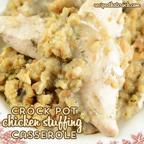 This Easy Crock Pot Chicken Stuffing Casserole is so simple and a classic comfort food. Crock Pot Chicken Stuffing, Casserole Crockpot Recipes, Chicken Stuffing Casserole, Chicken And Stuffing, Chicken Stuffing, Stuffing Casserole, Cream Of Celery Soup, Crock Pot Chicken, Chicken Crockpot