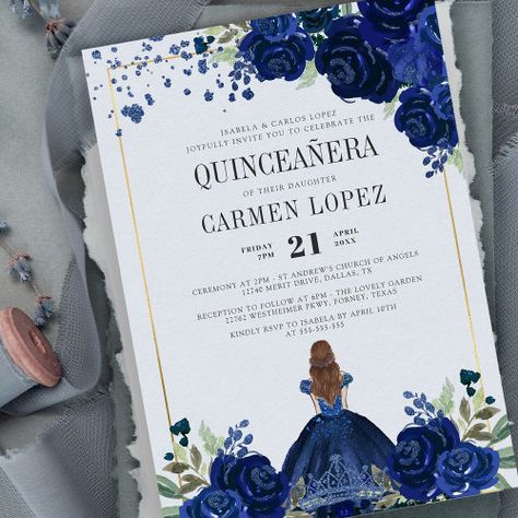 $2.92 | Floral Royal Blue Dress Budget Quinceanera #budget quinceañera invitation, quinceanera, royal blue, navy blue, floral, princess dress gown, quince invitation, glam glitter sparkle, modern elegant girly feminine chic, sweet 15 15th birthday invitation Quinceanera Royal Blue, Budget Quinceanera, Floral Princess Dress, Invitation Quinceanera, Royal Blue Quince, Quinceañera Invitations, Birthday Prayer, Quince Invitations, Blue Quince