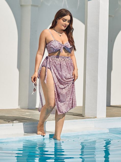 3pack Plus Snakeskin Print Bikini Swimsuit With Cover Up | SHEIN USA Swimsuit With Cover Up, Plunging One Piece Swimsuit, Print Swimwear, Beach Skirt, Plus Size Kleidung, Snakeskin Print, Curvy Girl Outfits, Curvy Girl Fashion, Box Office