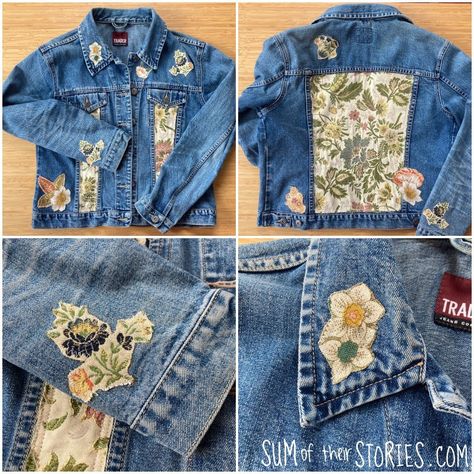 Denim Jacket refashion with brocade fabric — Sum of their Stories Craft Blog Diy Jacket Refashion, Refashion Clothes Upcycling, Denim Upcycle, Upcycled Jackets, Upholstery Fabric Samples, Upcycled Denim Jacket, Diy Denim Jacket, Custom Denim Jacket, Embellished Denim Jacket