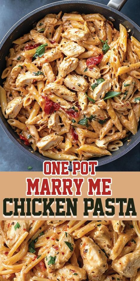 One Pot Marry Me Chicken Pasta Ingredients: 1 tablespoon olive oil 1 pound chicken breasts, cut into bite-sized pieces Salt and pepper, to taste 3 cloves garlic, minced 1 cup sun-dried tomatoes in oil, drained and chopped 1 teaspoon Italian seasoning 2 cups chicken broth 1 cup heavy cream 2 cups uncooked penne pasta 1/2 cup grated Parmesan cheese Fresh basil, for garnish #pasta #chicken #easyrecipes #camilarecipes Pasta And Canned Chicken Recipes, Easy Pasta For Two, Margarita Chicken Pasta, Crockpot Meals Chicken Pasta, Dutch Oven Chicken Pasta, Chicken 1 Pot Meals, Pasta With Chicken Spinach And Tomatoes, Cream Cajun Chicken Pasta, Healthy Marry Me Chicken Pasta