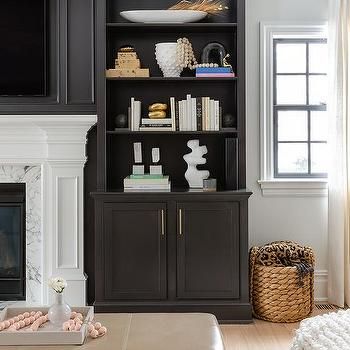 Black Cabinets Beside Fireplace, Black Built Ins Fireplace, White Fireplace Mantels, Traditional Fireplace Mantel, White Built Ins, White Lounge Chair, Farmhouse Fireplace Decor, Traditional Design Living Room, White Mantel