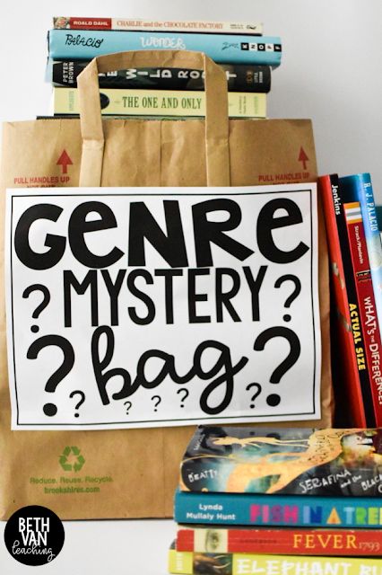 Teaching reading genre activity! Genre mystery bag! Perfect way to engage your readers and to teach them about reading genres. Perfect activity for introducing 40 book challenge too! Genre Lessons, Teaching Genre, 40 Book Challenge, Genre Activities, Genre Study, Reading Genres, Mystery Genre, Elementary Library, Library Lessons