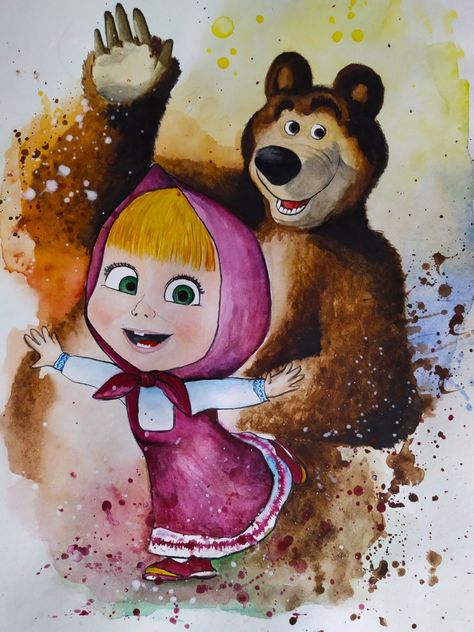 Masha And The Bear Painting, Masha And The Bear Sketch, Masha And The Bear Fanart, Masha Drawing, Masha And The Bear Drawing, Masha Cartoon, Bear Watercolor Painting, Drawing Lessons For Beginners, Beer Drawing