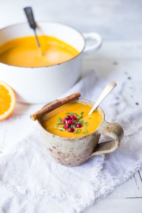 Simple, delicious Moroccan Carrot Soup with Ginger, Coconut milk, fresh orange juice and warming Moroccan Spices. Vegan and Gluten-free. Bright & cheery! #carrotsoup #moroccancarrotsoup #vegansoup #gingercarrotsoup Moroccan Carrot, Moroccan Carrots, Fresh Orange Juice, Moroccan Spices, Turkey Soup, Carrot Soup, Soups Stews, Fresh Orange, Moroccan Food