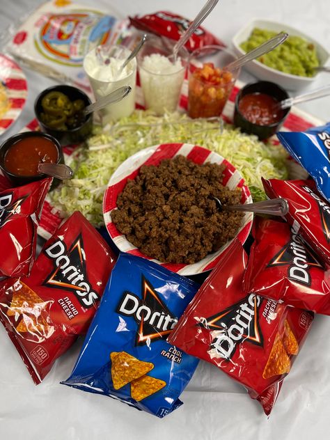 Patriotic Doritos tacos salad Doritos Tacos, Doritos Salad, Semi Homemade Recipes, Taco Salad Bar, Doritos Locos Tacos, Tacos Salad, Doritos Taco Salad, Dorito Taco Salad, Dorito Taco