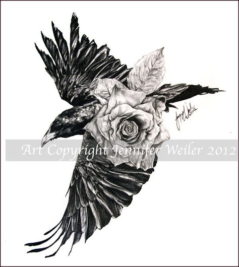 Raven with rose Celtic Raven Tattoo, Raven Tattoos, Pigeon Tattoo, Rabe Tattoo, Crow Tattoo Design, Celtic Raven, Side Neck Tattoo, Raven And Wolf, Spirit Tattoo