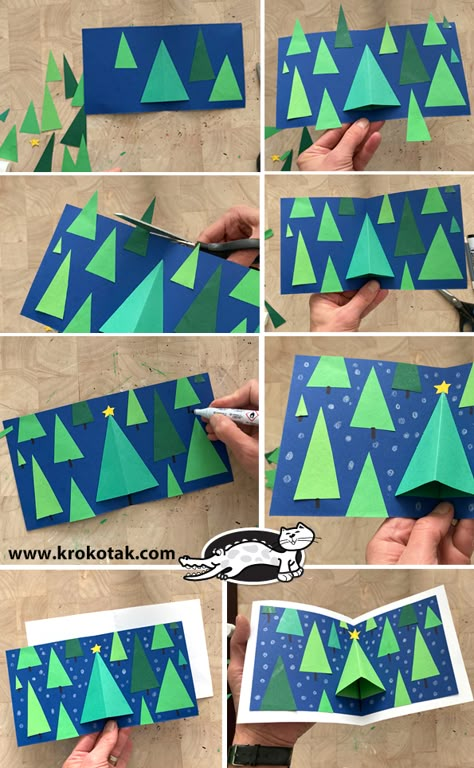 krokotak | Christmas Pop Up Cards Christmas Cards Handmade Easy, Origami Christmas Tree Card, Christmas Pop Up Cards, Christmas Printable Templates, School Holiday Crafts, Pop Up Christmas Cards, Diy Pop Up Cards, Christmas Lesson, Christmas Cards Kids