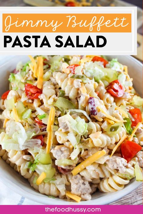 Jimmy Buffett Pasta Salad is a delicious main course or side dish! Filled with everything you love about a cheeseburger: burger, pickles, cheese, onions and more! Whether you're wanting a fun dinner or a perfect potluck dish - this is it! via @foodhussy Taste Of Home Pasta Salad Recipes, Fancy Pasta Salad Recipes, Meatball Pasta Salad, Pasta Slaw Salad, Jimmy Buffet Salad, Summer Fresh Pasta Salad, Hamburger Pasta Salad, French Onion Dip Pasta Salad, Salad Ideas For Bbq