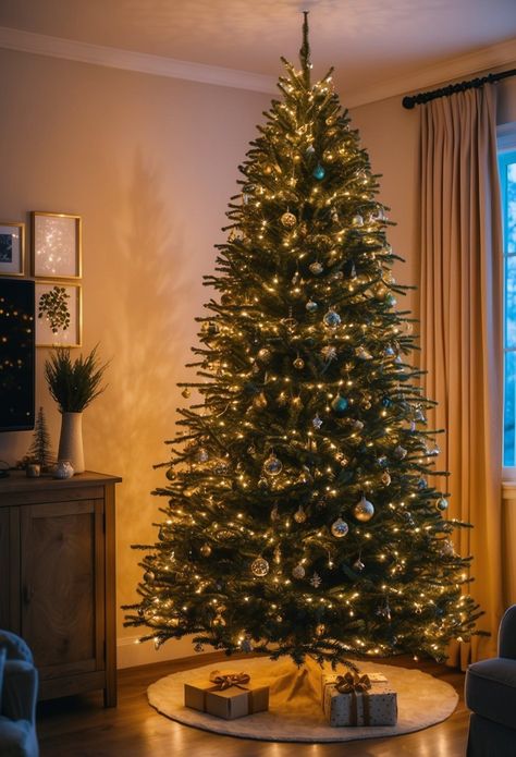 Elegant 10 Ft Christmas Tree with gold and silver ornaments, Traditional Tree Decorations, warm white lights, and presents underneath 10 Ft Christmas Tree, Metallic Ornaments, Christmas Tree Decor Ideas, Tree Decor Ideas, Faux Christmas, Warm White Lights, Christmas Window Display, Silver Theme, Minimal Christmas