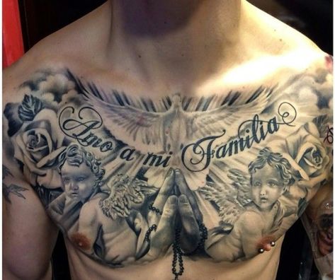 Angel Chest Tattoo Men, Chest Tattoo Angel, Chest Tattoo Wings, Chest Tattoo Stencils, Full Chest Tattoos, Ace Tattoo, Cupid Tattoo, Soldier Tattoo, Torso Tattoos