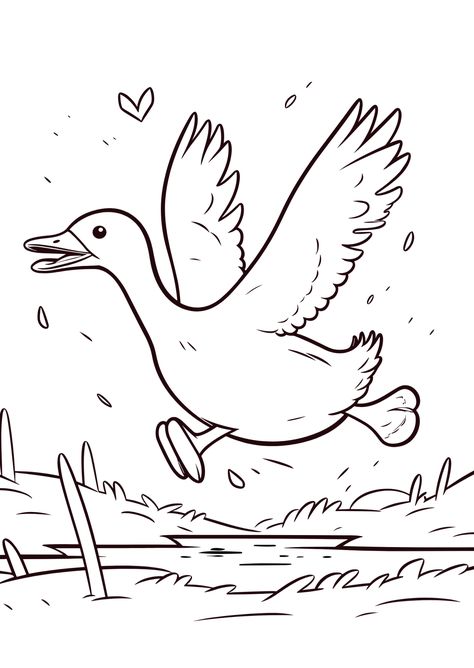 Free Flying Goose - Dynamic Coloring Page Goose Sketch Simple, Goose Outline, Funny Goose Drawing, Goose Coloring Pages, Goose Flying, Goose Drawing, Flying Goose, Golden Egg, Easter Coloring Pages