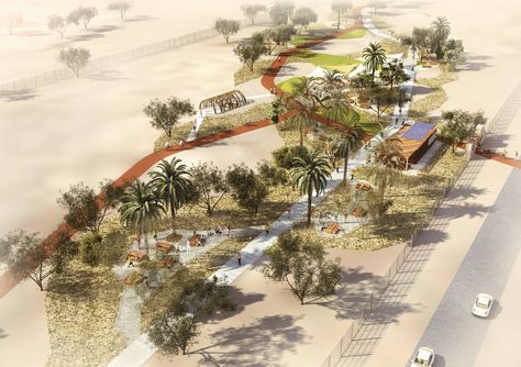 Aflaj Desert Park Project exposes the ancient desert irrigation system known as Aflaj. It was designed by I-con consulting and commissioned by the Al Ain Municipality. Designers: Daniel Wolf, Tijana Ilić, David Rohr, Zuzana Palffy, Eddie Pineau, Oana Ghinea Desert Park Design, Desert Landscape Design Plans, Oasis Landscape Design, Desert Irrigation, Desert Playground, Sustainable Landscape Design, Desert Architecture, Desert Landscape Design, Sustainable Landscape