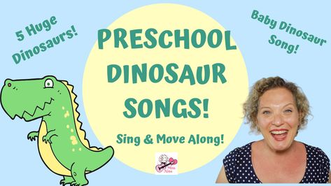 Preschool kids will love counting, stomping, and roaring like dinosaurs with Miss Nina and these 3 fun preschool dinosaur songs and rhyme:  5 Huge Dinosaurs, I’m Bringing Home a Baby Dinosaur and Chomping Stomping (Open Shut Them Tune). Dinosaur Songs For Preschool, Dinosaur Rhymes, Movement Songs For Preschool, Preschool Movement, Dinosaur Preschool, Dinosaur Songs, Animal Songs, Dinosaur Theme Preschool, Movement Songs