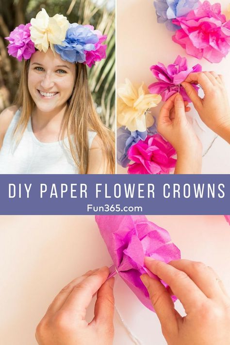 Diy Hawaiian Headpiece, Flower Crown Diy Paper, Tissue Paper Flower Crown, Paper Flower Headpiece, Diy Paper Flower Crown, Bride Crown Bachelorette, Eurovision Costume, Easy Flower Crown, Flower Crowns Diy