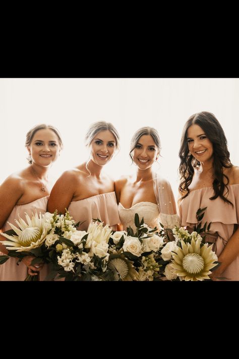 Ellena and her three bridesmaids beam with joy, each holding a stunning bouquet. Captured in this beautiful moment at Yabbaloumba Retreat, their radiant smiles and elegant bouquets add a touch of grace to the outdoor winter wedding. Celebrate your own special day with us at Yabbaloumba Retreat, where every detail is designed to make your wedding unforgettable. Three Bridesmaids, Blossom Makeup, Outdoor Winter Wedding, Elegant Bouquet, Bridal Elegance, Bride Inspiration, Coast Wedding, Wedding Moments, Bridal Inspiration