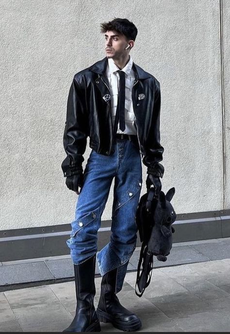 Punk Street Style Men, High Boots Men Outfit, Modern Goth Outfits Men, Body Heat Shirt Outfit, Kpop Style Outfits Men, High Fashion Poses Men, High End Fashion Outfits, Futuristic Outfit Men, Futuristic Clothing Men