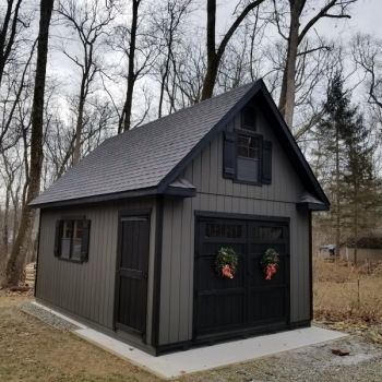 Grey Shed Black Trim, Farmhouse Sheds, Amish Sheds, Yard Sheds, Garage Guest House, Backyard Storage Sheds, Garage Exterior, Small Garage, Backyard Storage