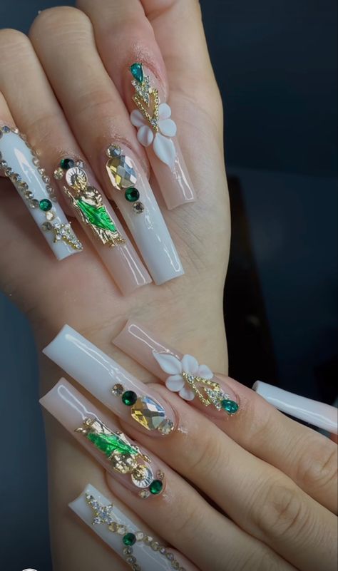 San Judas Tadeo Acrylic Nails, White Long Nails With Gems, San Judas Nails Ideas, San Judas Tadeo Nails, Chicana Nails Acrylic, San Judas Nails, Mexican Nails Designs, Blinged Out Nails Rhinestones, Virgin Mary Nails