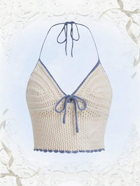 ROMWE Sweetness Contrast Binding Tie Front Halter Knit Top | SHEIN USA Top Crop Tejido En Crochet, Crochet Top Outfit, Granny Square Bag, Outfit Png, Step By Step Crochet, Crochet Summer Tops, Crochet Crop Top, Knit Tops, Summer Crochet