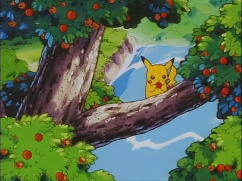 Pikachu is eating a berry while sitting on the branch of a fruiting berry tree. Pikachu Eating, Pokemon Indigo League, Indigo League, Old Pokemon, Green Pokemon, Pokemon Sketch, Pokemon Anime, Pokemon Images, 90s Anime