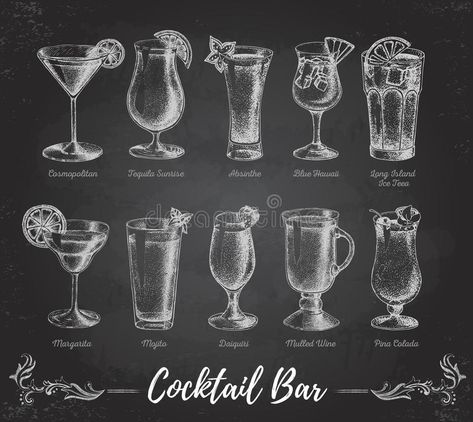 Download Vintage Chalk Drawing Cocktail Bar Menu. Stock Vector - Illustration of design, mojito: 75057612 Cocktails Vector, White Cocktails, Alcoholic Cocktails, Chalkboard Background, Chalk Drawings, Drink Menu, Hand Sketch, Chalkboard Art, Chalk Art