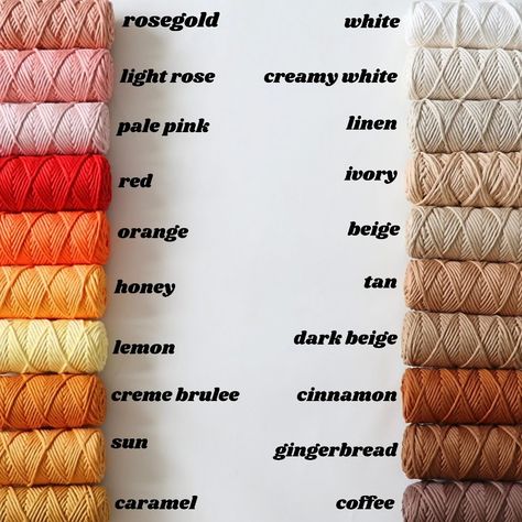 our color chart for 2mm and 3mm macrame cords 🌸 Macrame string is a single twist string. It’s well-loved for its soft texture and is considered the best type of material to use if you are a beginner wanting to explore the art of macrame.These are perfect for macramé projects and weaving! This product has Okeo-Tex certification. It is 100% cotton and does not contain any substances harmful to health. Macrame Cords, Macrame Leaves, Single Twist, Singles Twist, Caramel Coffee, Diy Macrame, Macrame Art, Macrame Projects, Macrame Cord