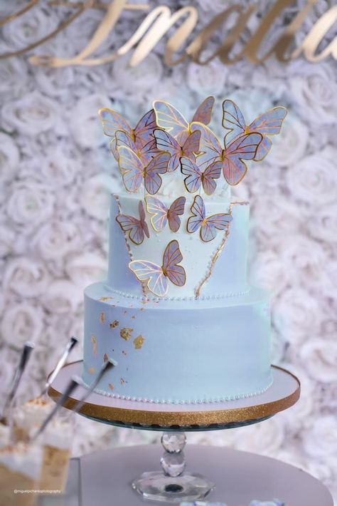 Light Blue Butterfly Cake, 2 Tier Butterfly Cake, Blue Butterfly Quinceanera Theme, Blue Butterfly Cake, Gold Butterfly Cake, Butterfly Quinceanera Theme, Blue Sweet Sixteen, Butterflies Party, Butterfly Wedding Cake