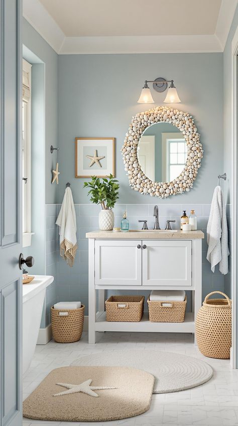 Coastal Bathroom Ideas Coastal Downstairs Toilet, Beach House Restroom, Small Beachy Bathroom Ideas, Seashore Bathroom Ideas, Coastal Bathroom Paint Ideas, Farmhouse Coastal Bathroom Ideas, Sea Inspired Bathroom Ideas, Half Bath Beach Theme, Small Beach House Interior Coastal