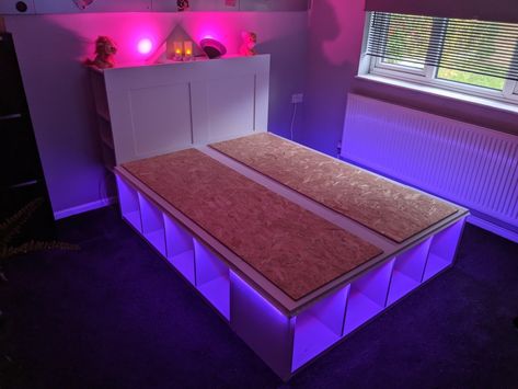 Kallax bed with LED lights for under bed lighting, controlled by Alexa. Ikea Platform, Platform Bed Diy, Ikea Platform Bed, Diy Bed Frame Easy, Bed With Underbed, Diy Storage Bed, Diy Platform Bed, Diy Hack, Craft Storage Furniture