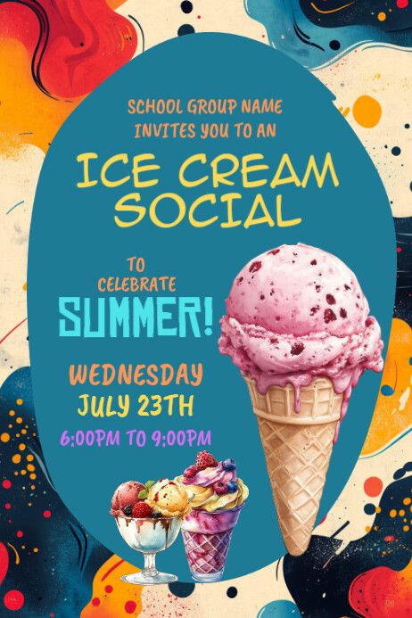 Aqua Illustrative Ice Cream Social Poster Photoshop Flyer, Linkedin Background Image, Linkedin Background, Flyers Design, Linkedin Banner, Kindle Book Cover, Ice Cream Social, Etsy Banner, Campaign Posters